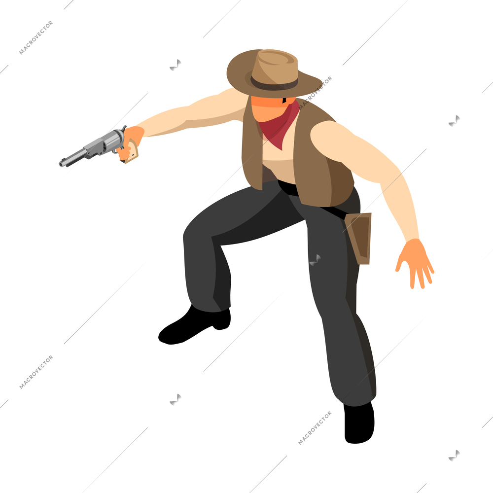 Isometric cowboy with revolver 3d vector illustration