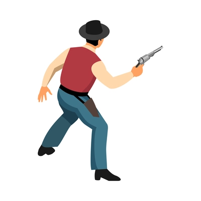 Isometric male character of cowboy with revolver back view 3d vector illustration