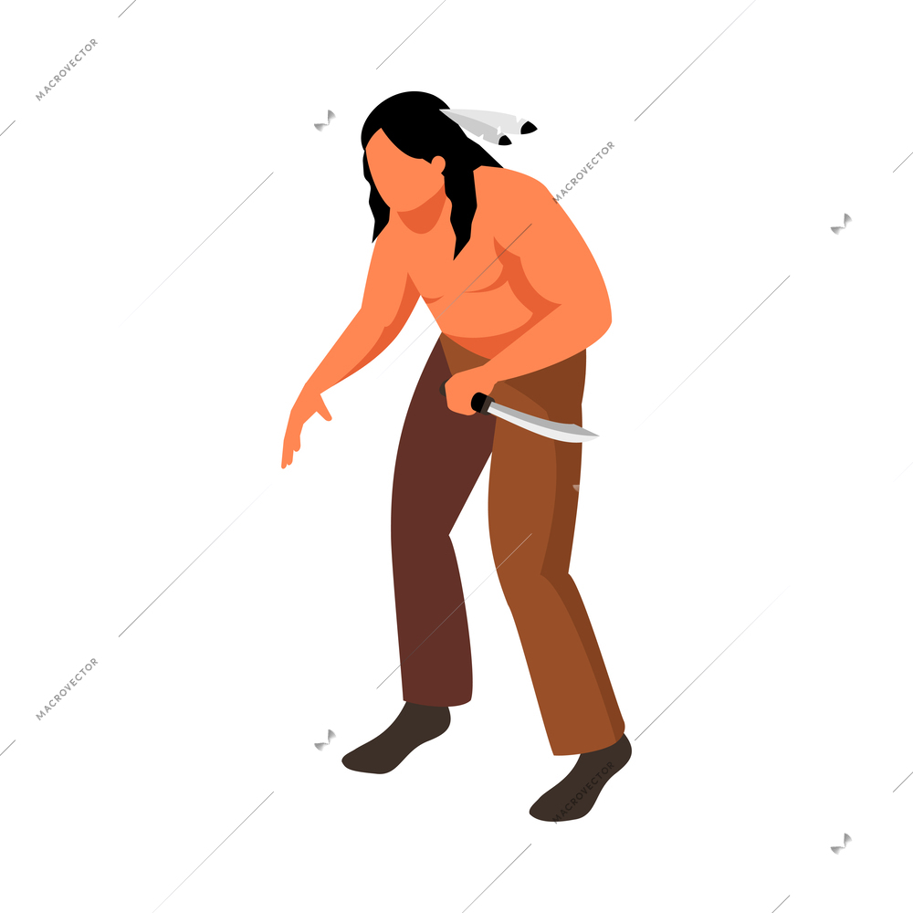 Isometric native american indigenous man with knife 3d vector illustration