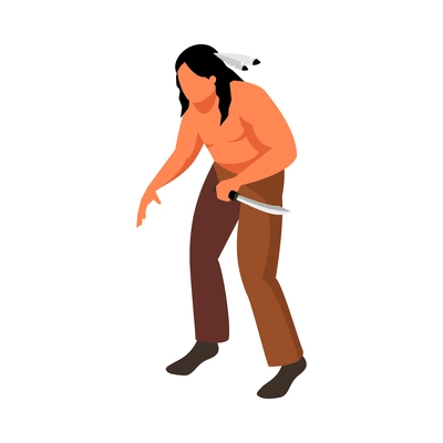 Isometric native american indigenous man with knife 3d vector illustration