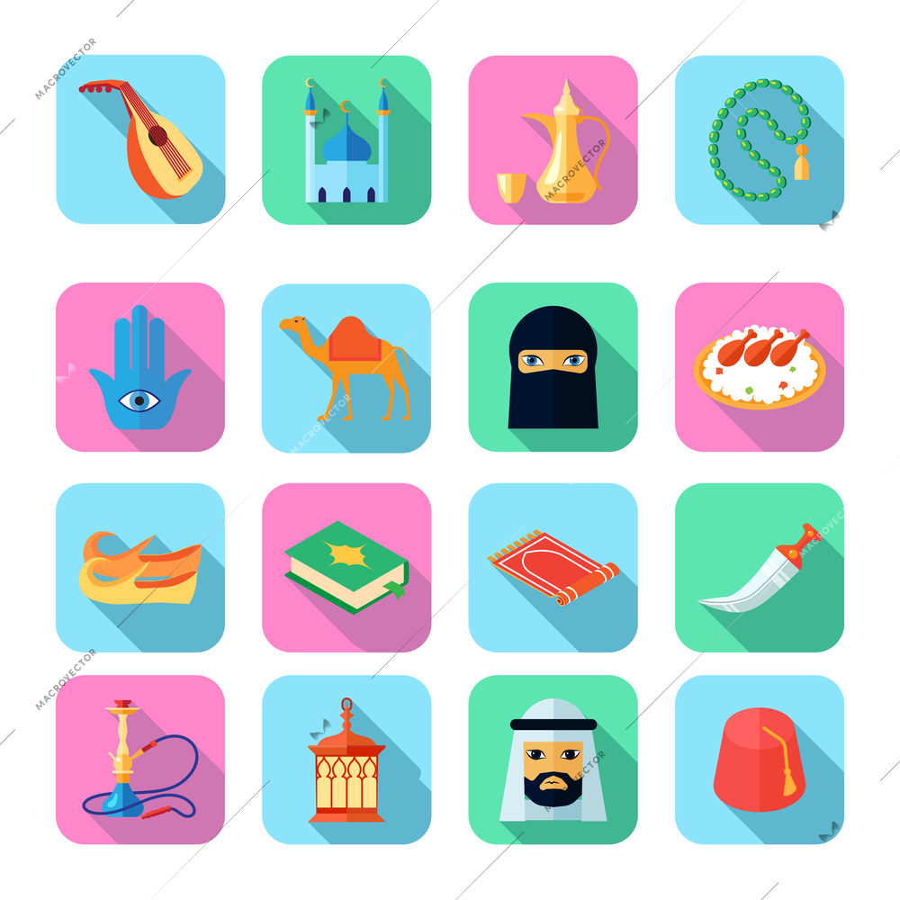 Arabic culture icons set with sword camel koran symbols vector illustration