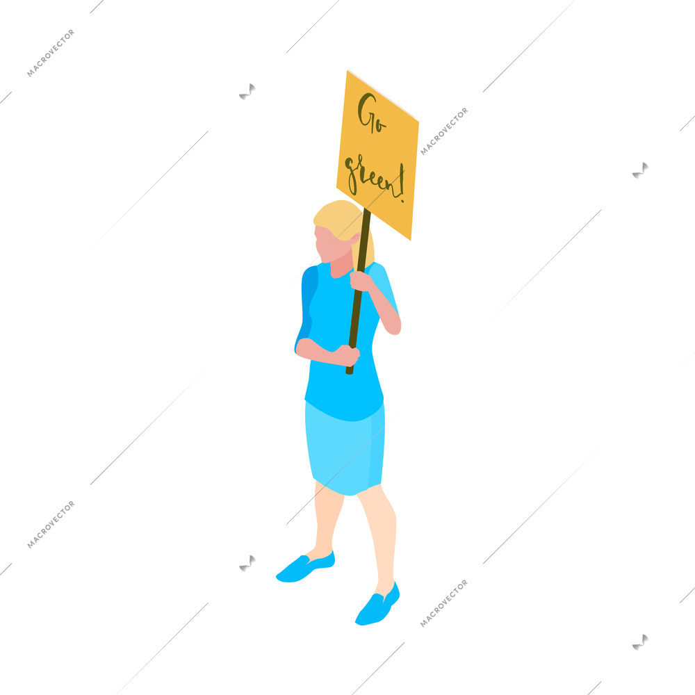 Isometric female eco activist holding placard go green 3d vector illustration
