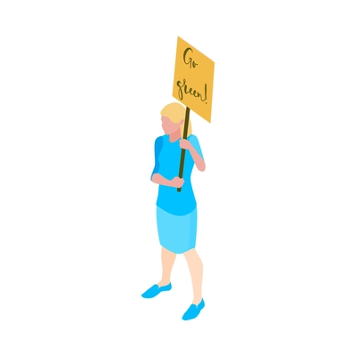 Isometric female eco activist holding placard go green 3d vector illustration