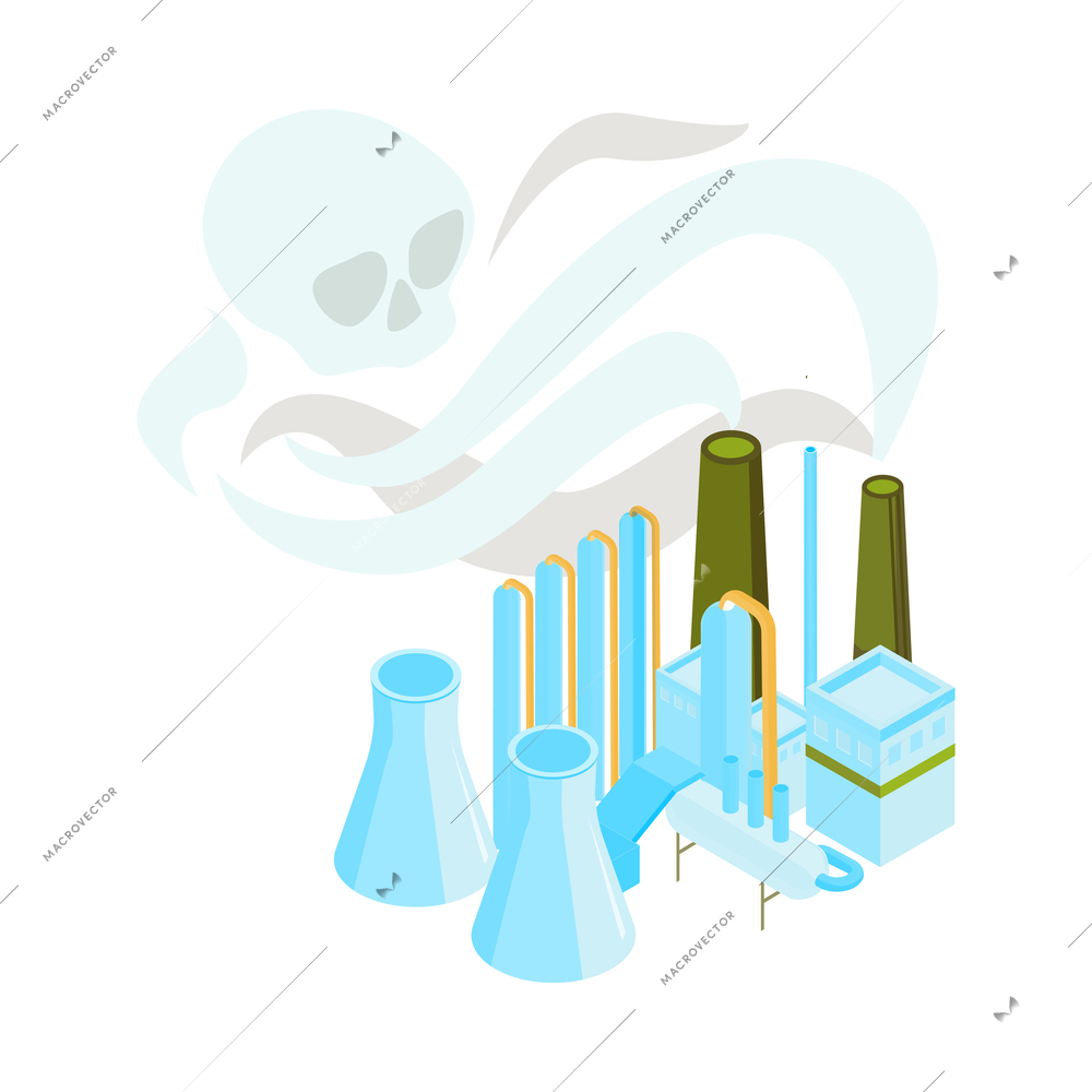 Isolated ecology air pollution concept with factory and smoke in shape of skull 3d vector illustration