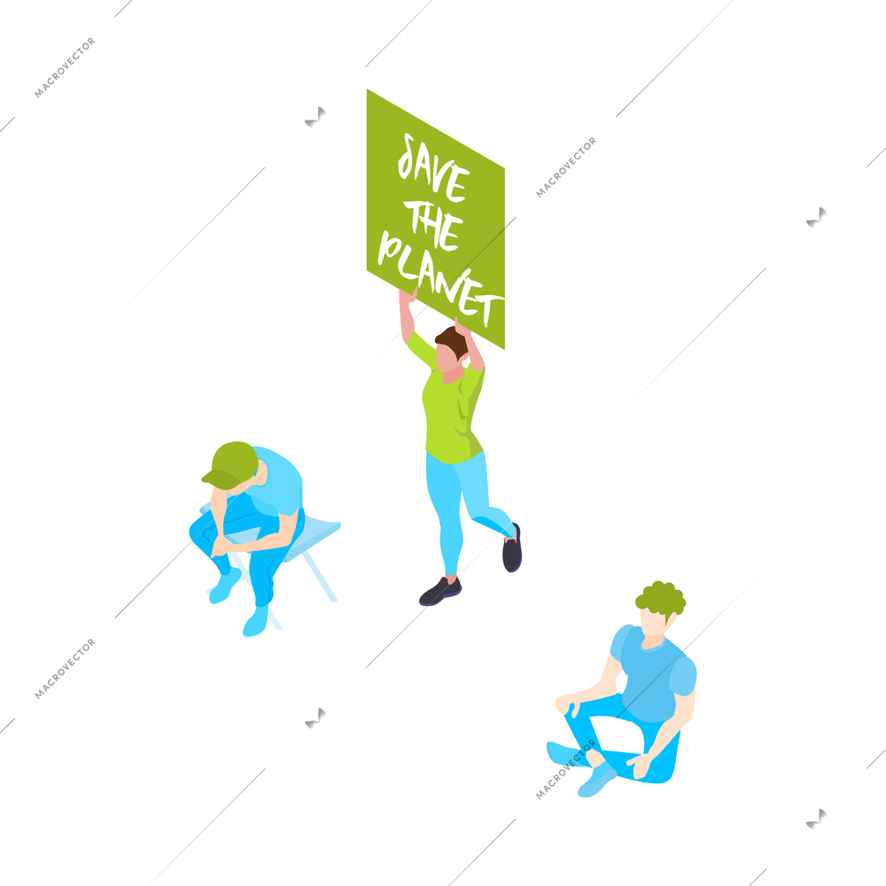 Isometric eco activist with green placard 3d isolated vector illustration