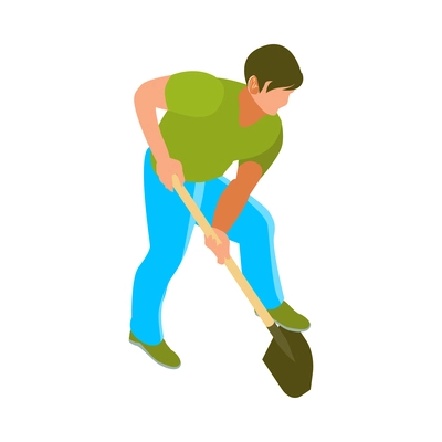 Isometric gardener working with shovel 3d vector illustration