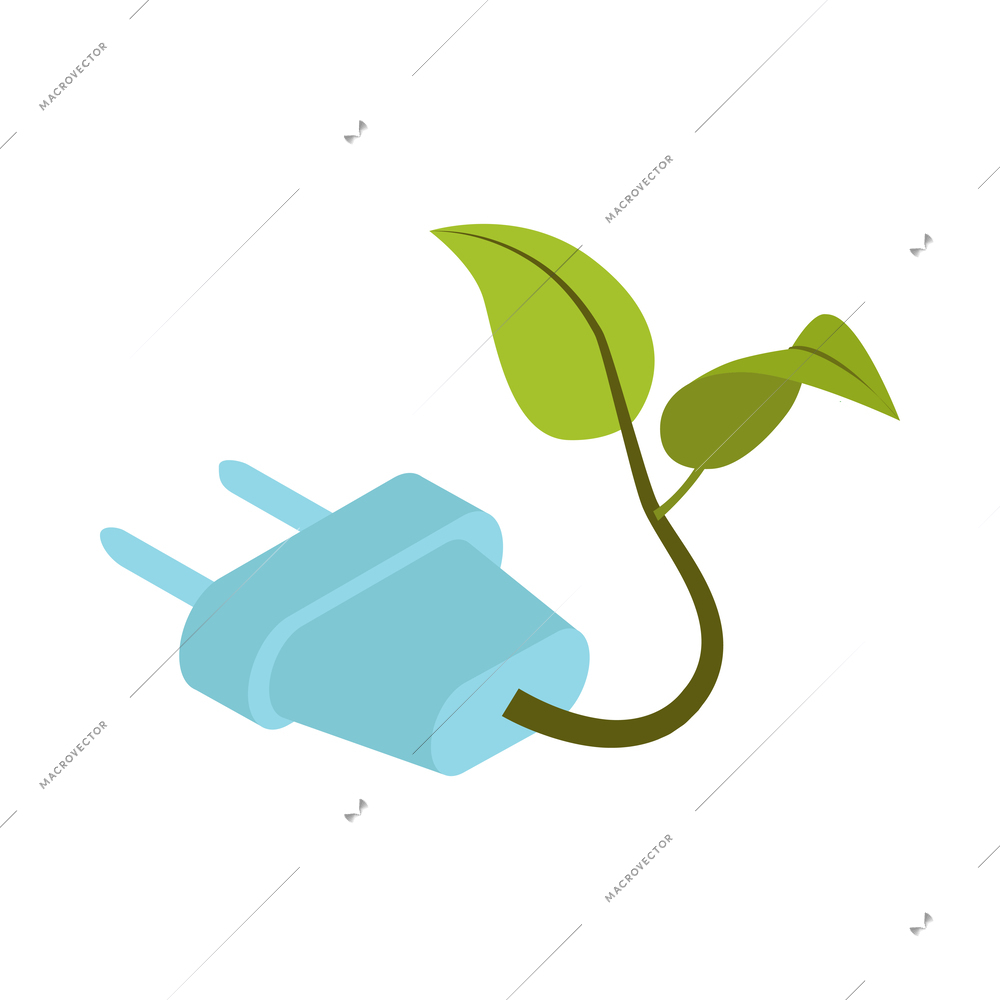 Natural green eco energy isometric icon with electric plug and leaves 3d vector illustration