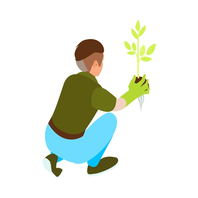 Isometric gardener in gloves planting green sprout 3d vector illustration