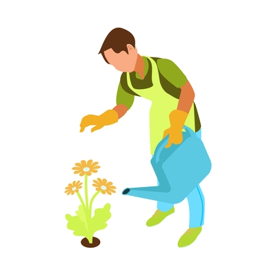Isometric gardener watering flowers 3d vector illustration