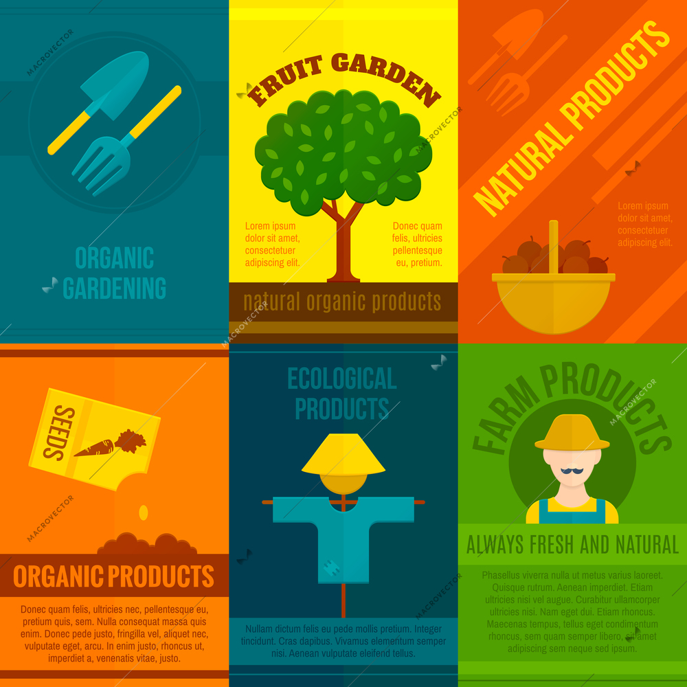 Ecological farming and gardening natural organic products mini posters set isolated vector illustration