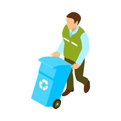 Male cleaner in uniform carrying blue garbage container 3d isometric vector illustration