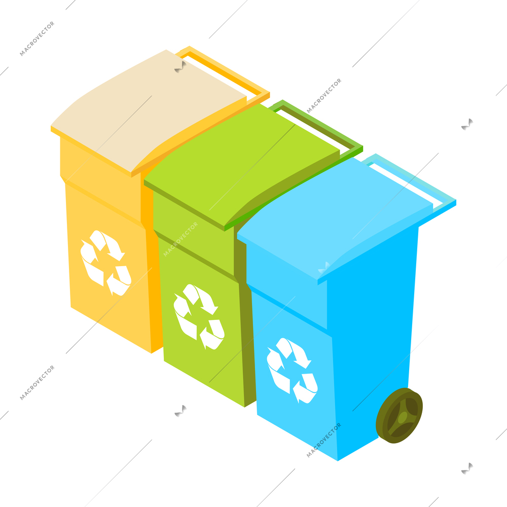 Three colorful garbage containers for rubbish sorting 3d isometric vector illustration