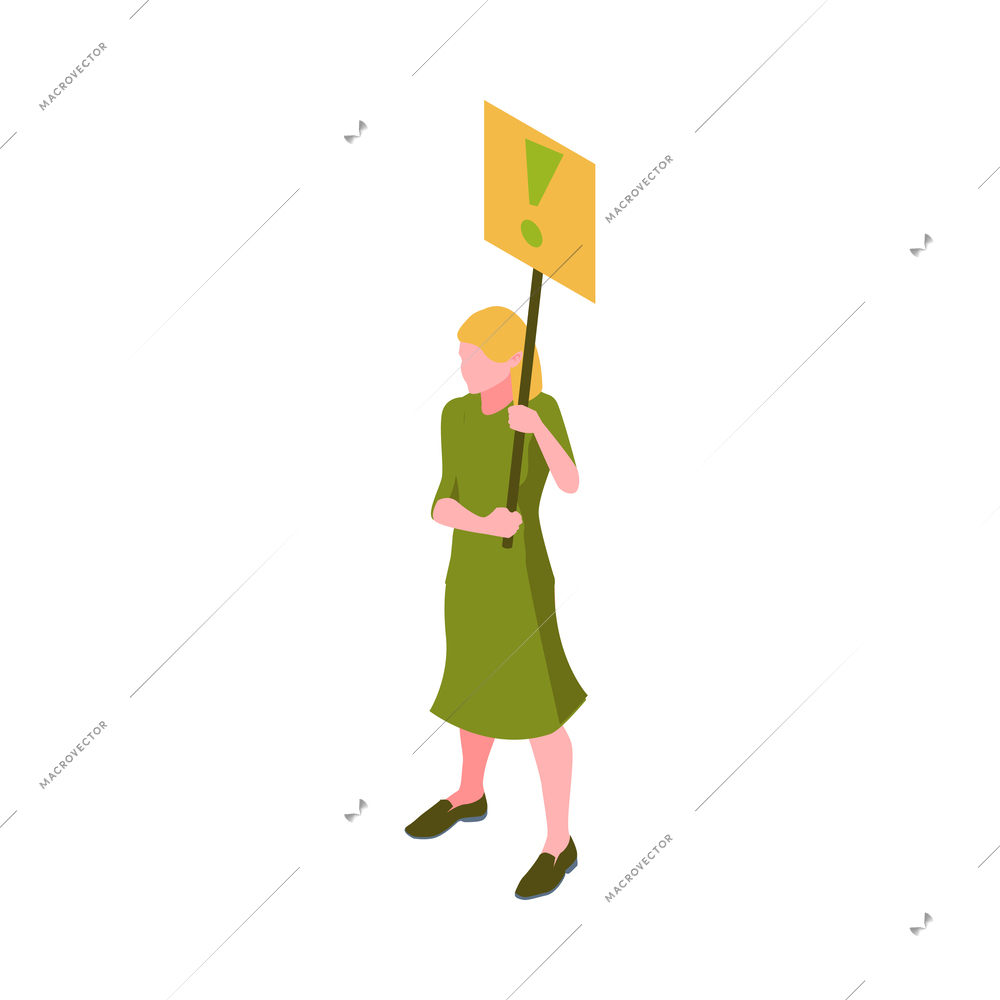 Isometric female eco acvitist in green dress with placard on demonstration 3d vector illustration