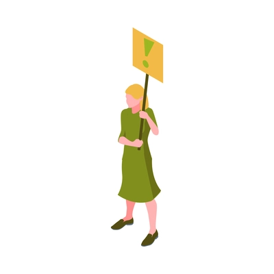 Isometric female eco acvitist in green dress with placard on demonstration 3d vector illustration