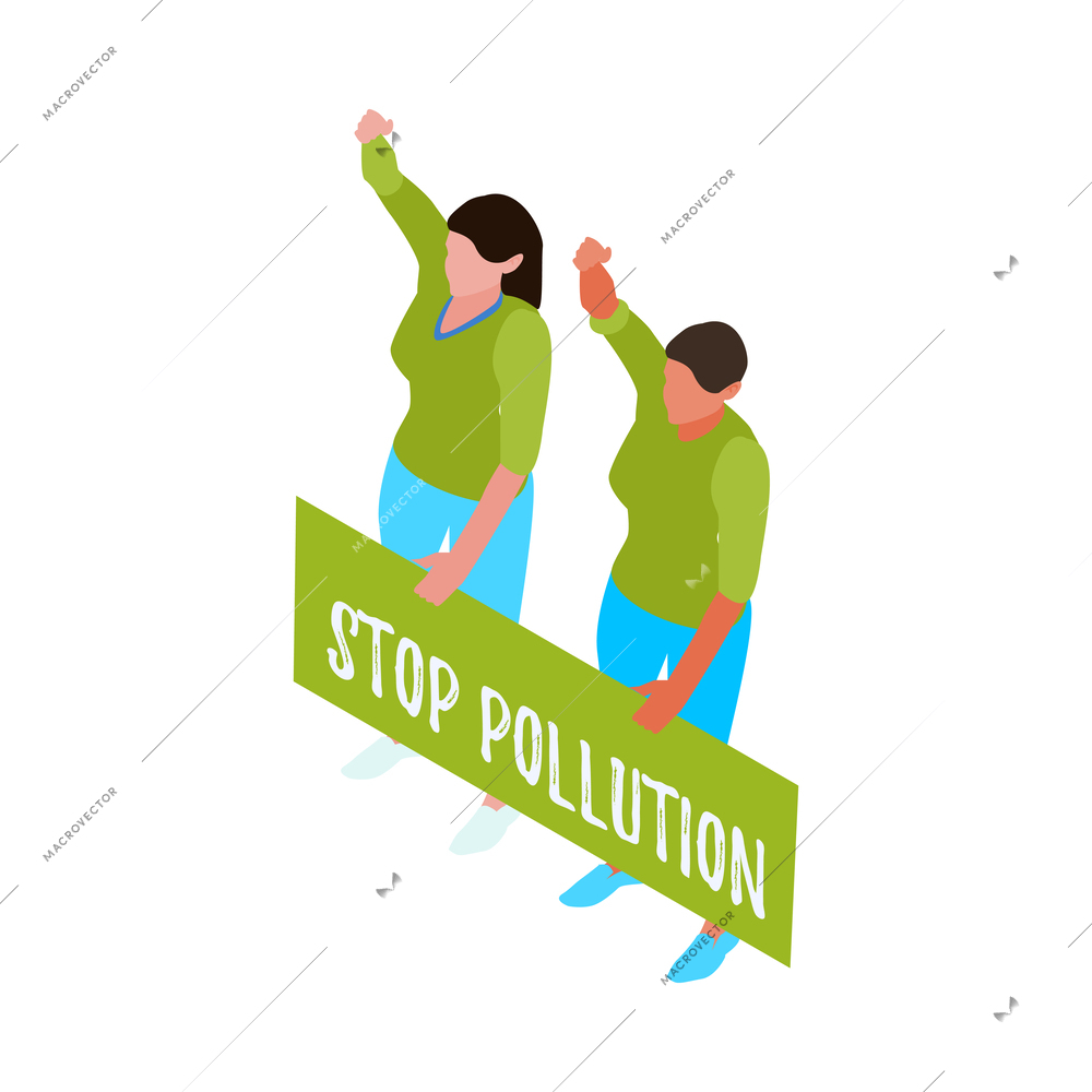 Isometric environmental eco activists protesting with placard stop pollution 3d vector illustration