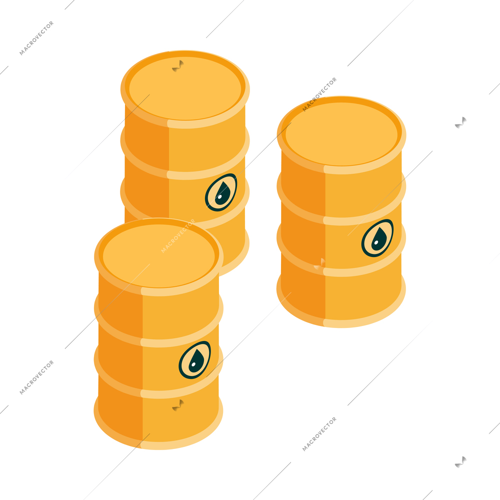 Three isometric yellow oil barrels 3d vector illustration