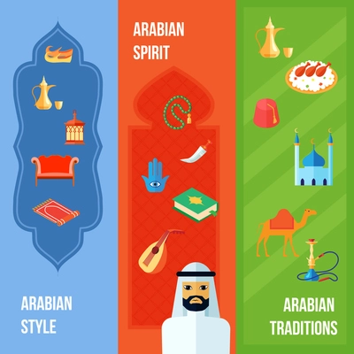 Arabic culture flat vertical banner set with arabian style spirit and traditions elements isolated vector illustration