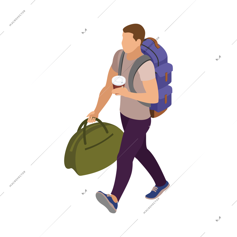 Male traveller walking with luggage and coffee 3d isometric vector illustration