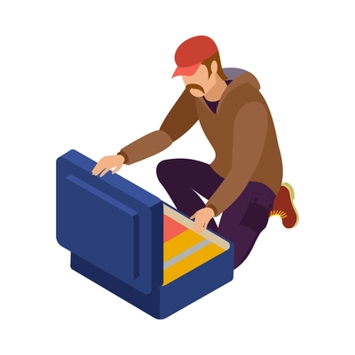 Isometric male traveller with suitcase 3d vector illustration