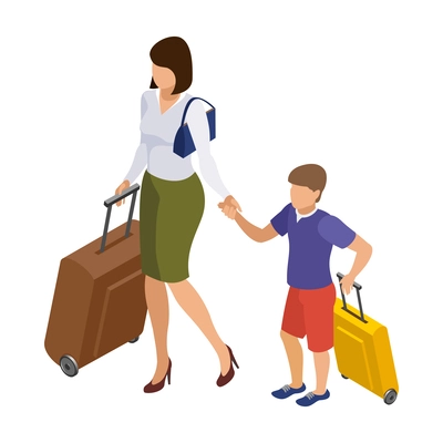 Travelling people isometric icon with mum and son with suitcases 3d vector illustration