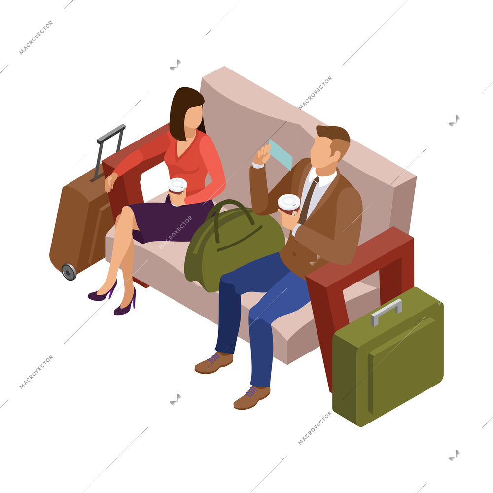 Passengers with luggage waiting at lounge with coffee 3d isometric vector illustration