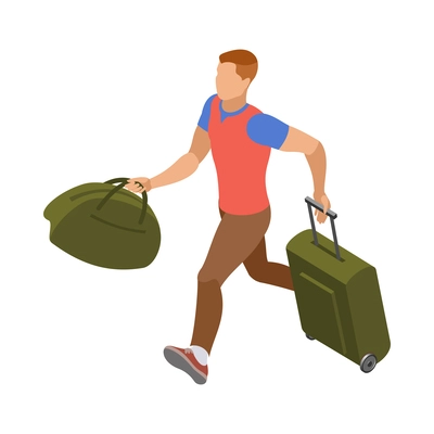 Male traveller hurrying with luggage 3d isometric vector illustration