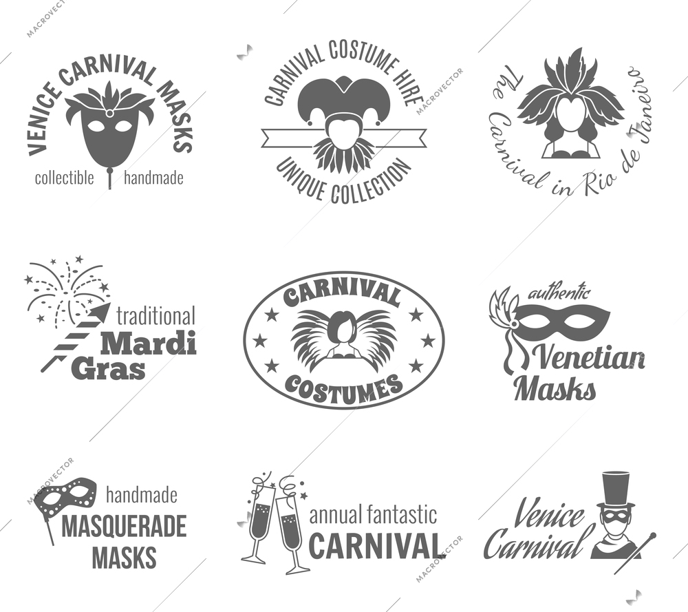 Carnival venetian and brazilian traditional masks and costumes label black set isolated vector illustration