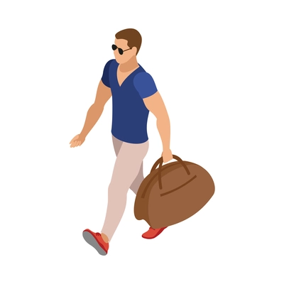 Male tourist going with travel bag isometric 3d vector illustration
