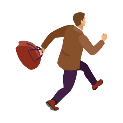 Isometric late traveller hurrying with bag back view vector illustration