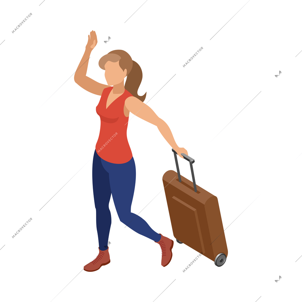 Female traveller with suitcase waving her hand isometric vector illustration