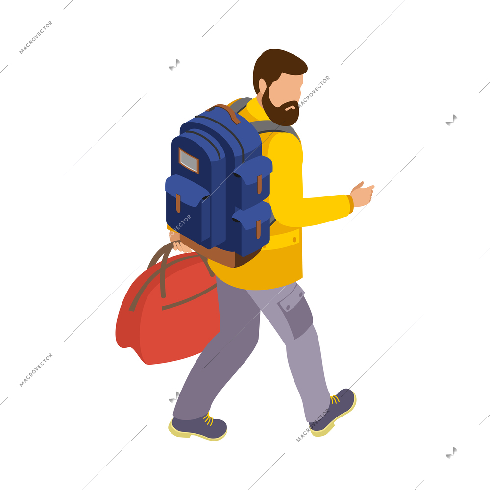 Bearded traveller walking with backpack and bag back view isometric vector illustration