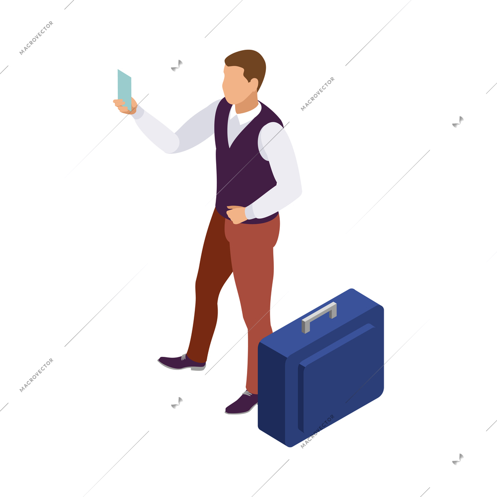 Isometric male passenger with suitcase and card 3d vector illustration