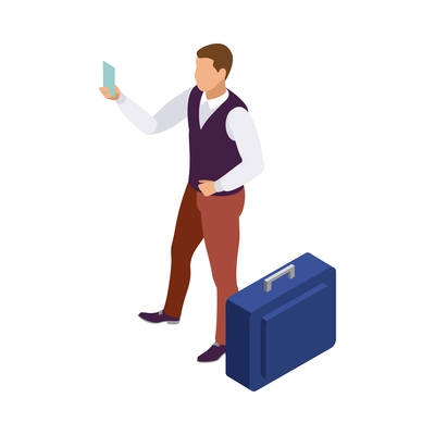 Isometric male passenger with suitcase and card 3d vector illustration