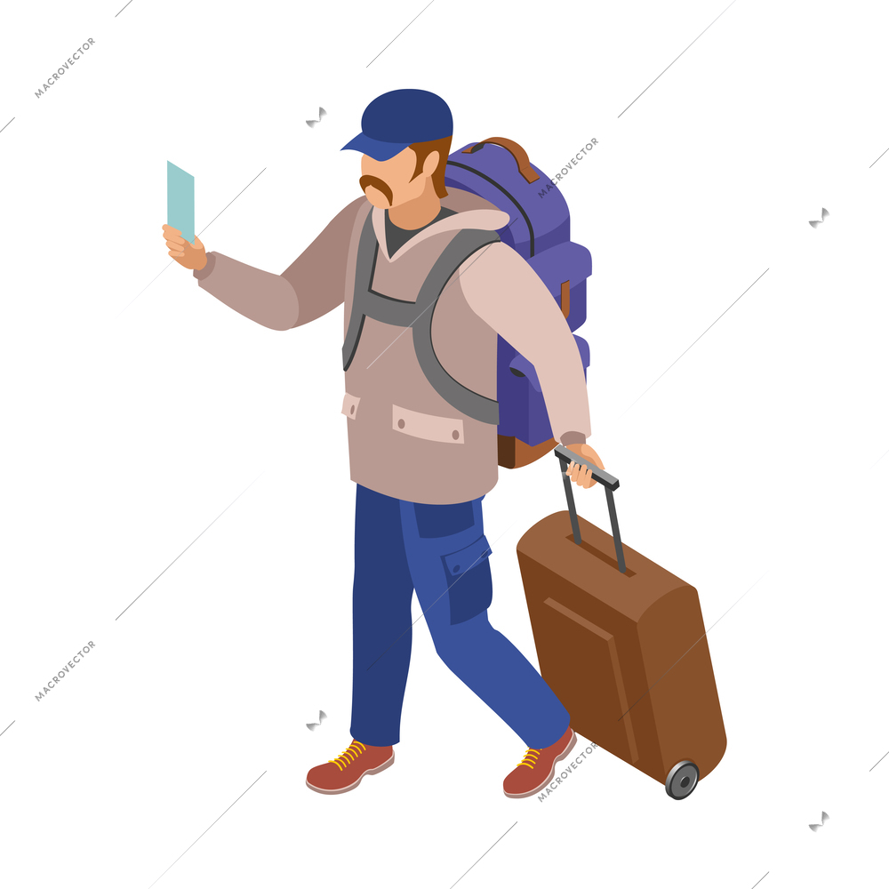 Isometric male passenger with backpack and suitcase holding card 3d vector illustration