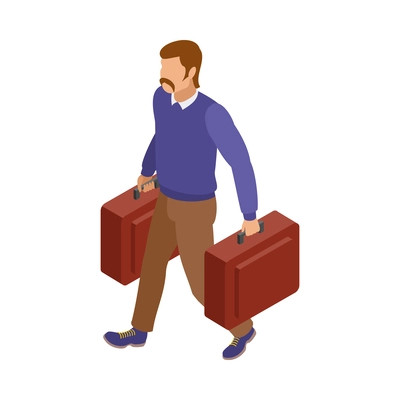 Male traveller carrying two suitcases 3d isometric vector illustration