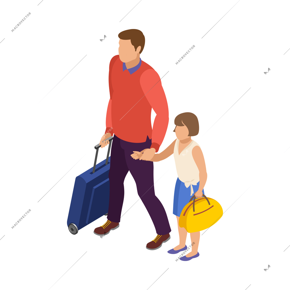 Travel people isometric icon with man and his daughter carrying luggage 3d vector illustration