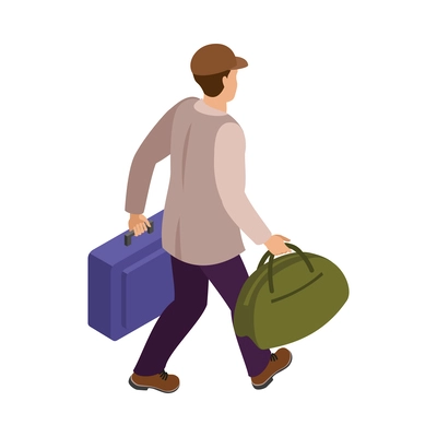 Travel people isometric icon with man walking with luggage back view 3d vector illustration