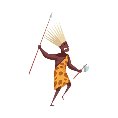 Ancient african warrior with spear and axe flat vector illustration