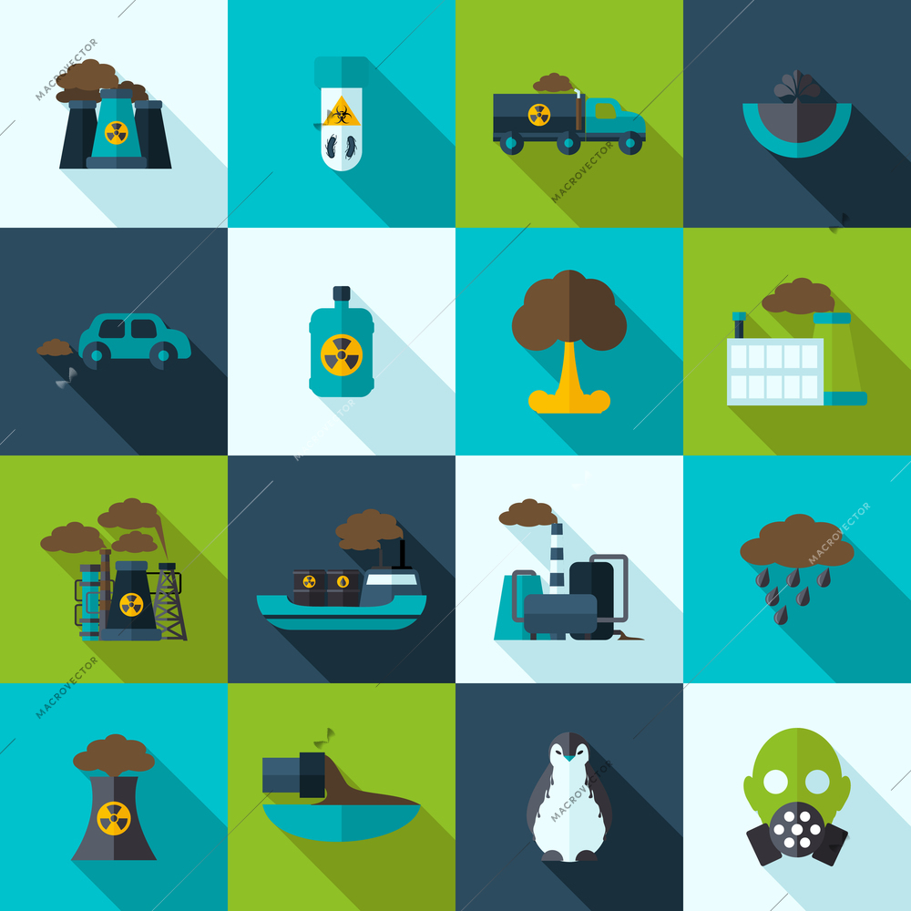 Pollution flat icons set with plant waste ocean contamination isolated vector illustration