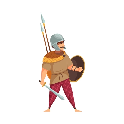 Armed ancient gallic warrior with sword spears and shield flat vector illustration