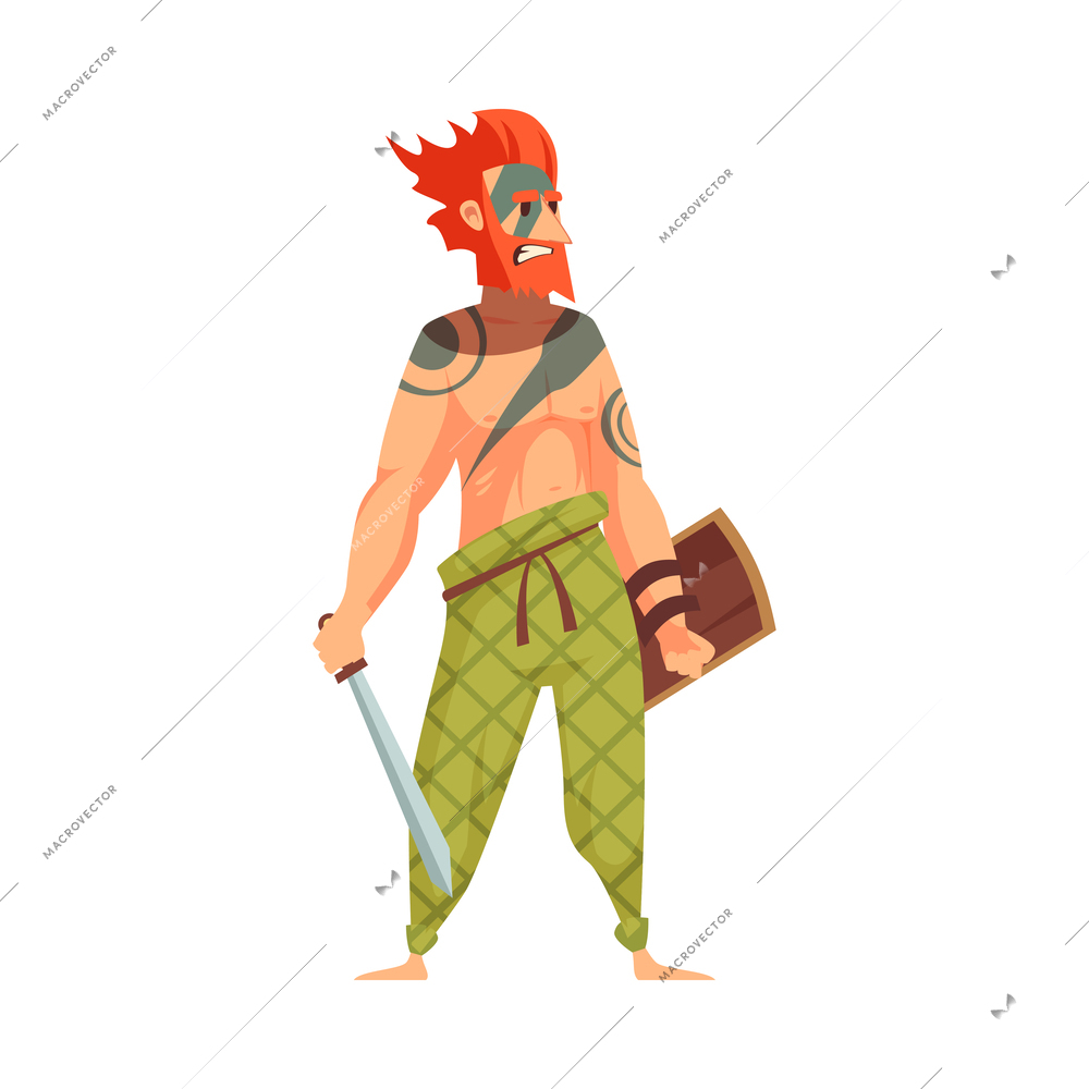 Flat ancient celtic warrior with sword and shield vector illustration