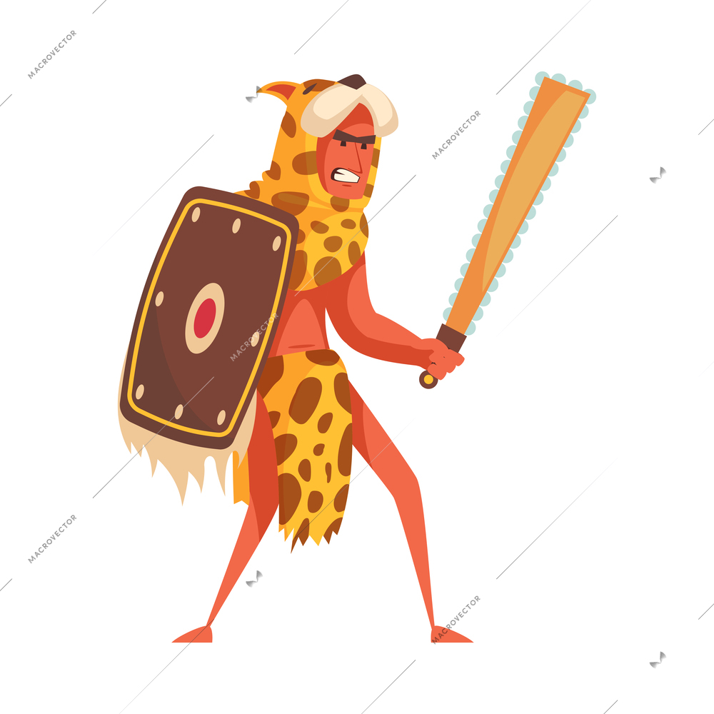 Flat ancient aztec warrior wearing animal skin with weapon and shield vector illustration