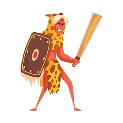 Flat ancient aztec warrior wearing animal skin with weapon and shield vector illustration