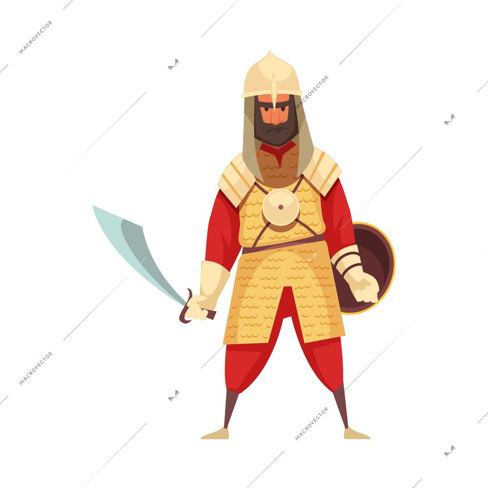 Flat ancient persian warrior with sword and shield vector illustration