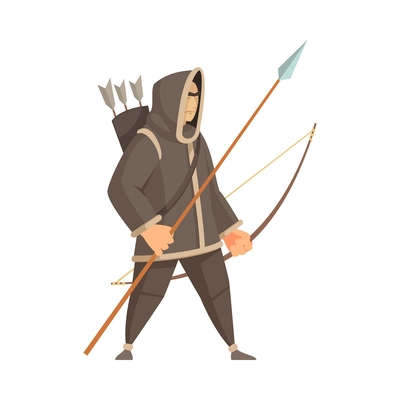 Ancient warrior chuckchi hunter with bow and arrows flat vector illustration