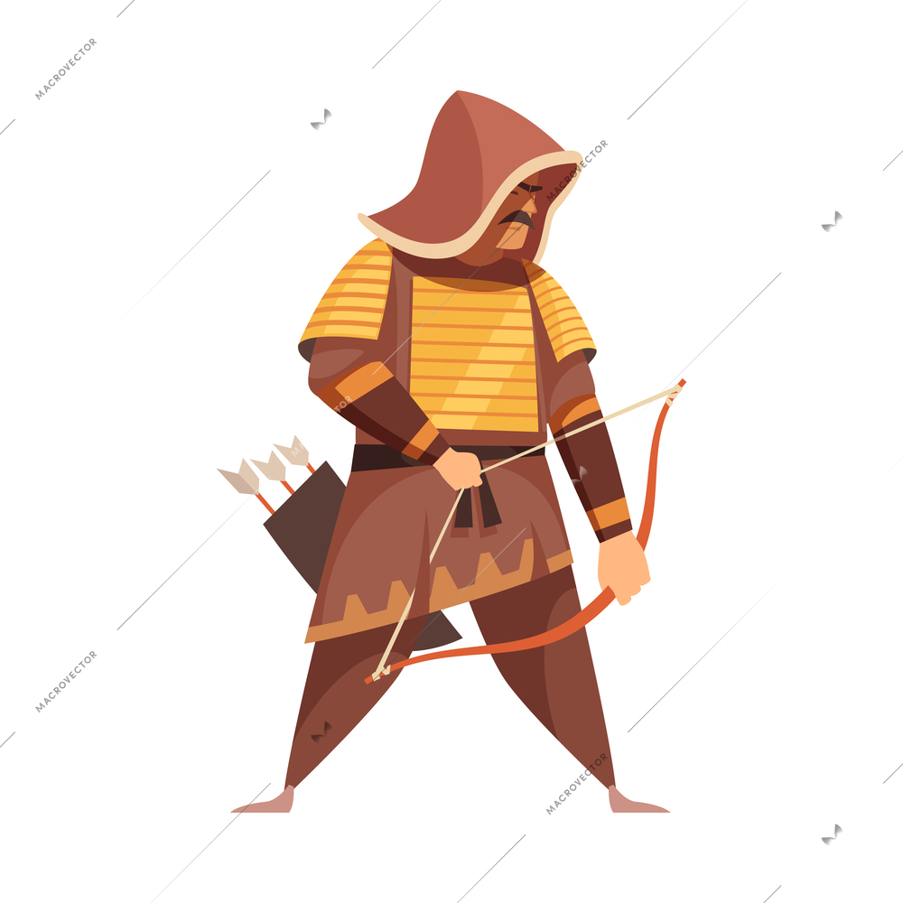 Armed ancient mongol warrior with bow and arrows flat vector illustration