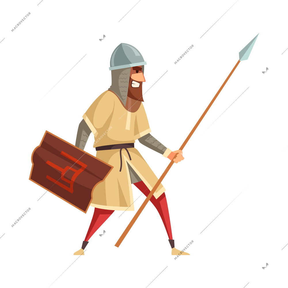 Ancient slavic warrior with shield and spear flat vector illustration