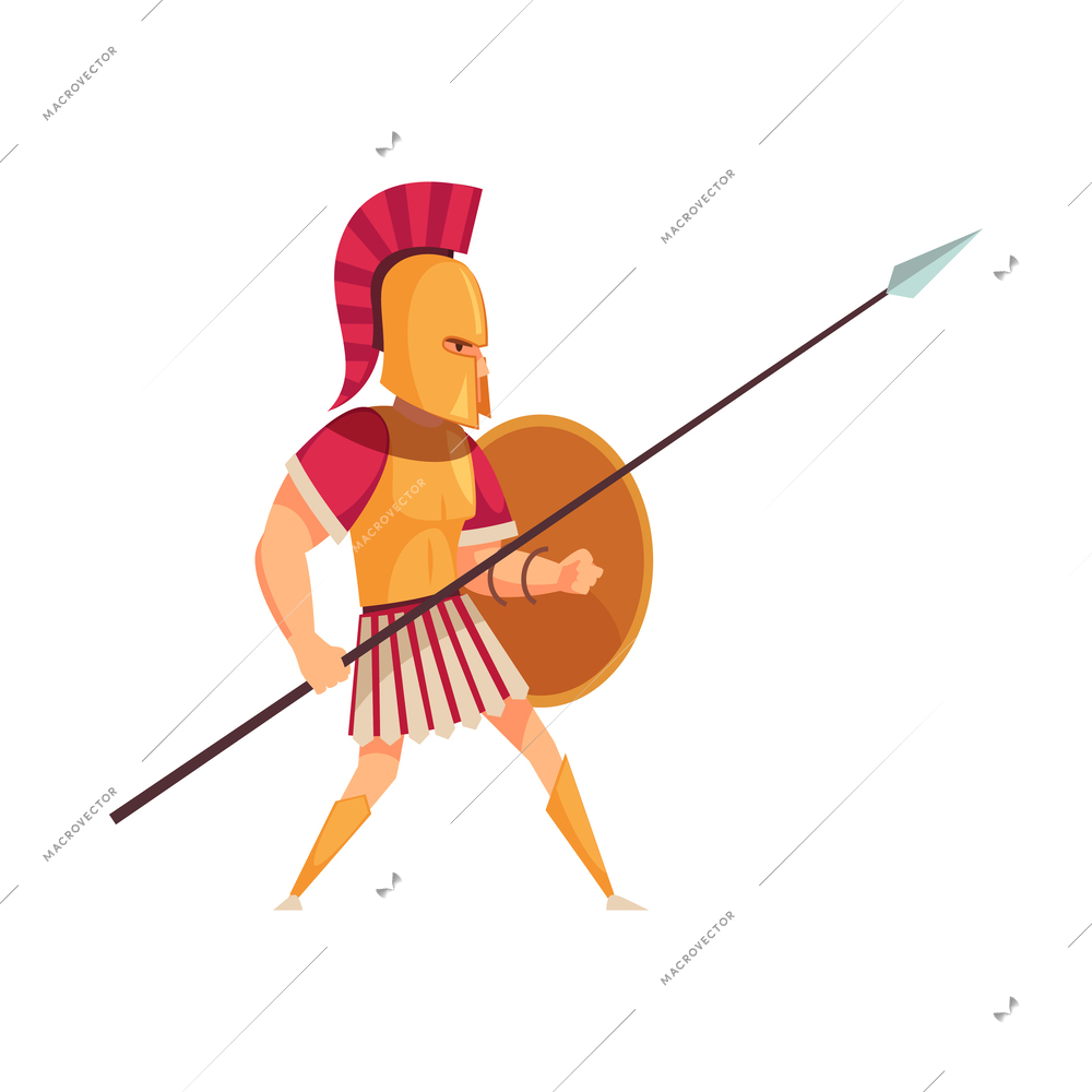 Ancient greek warrior with shield and spear flat vector illustration