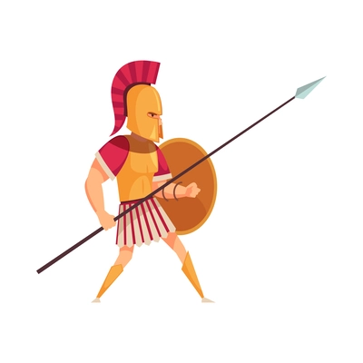 Ancient greek warrior with shield and spear flat vector illustration