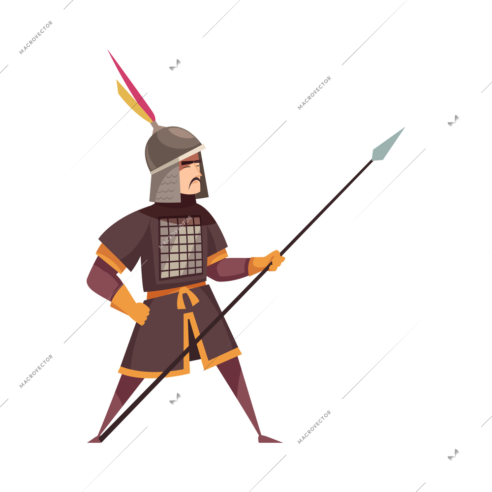 Ancient chinese warrior with spear flat vector illustration